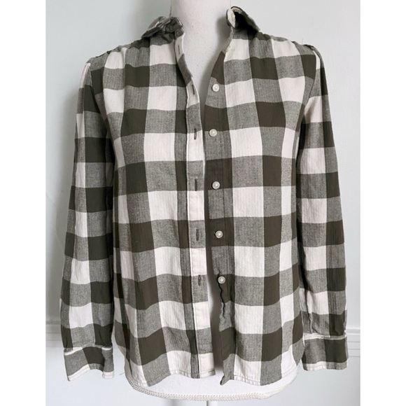 LOFT Tops - Loft • Olive Green and White Plaid Button-Up Shirt